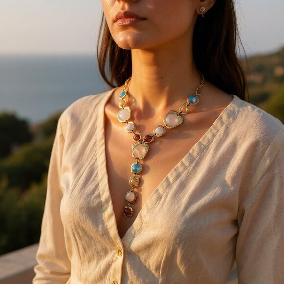 Colorful stone Y necklace set in gold - Picture 2 of 2